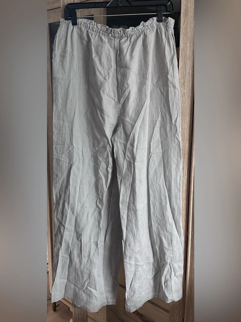 NWT ZARA 100% Linen Gray Wide-Leg Pants with crystal ends size Large
